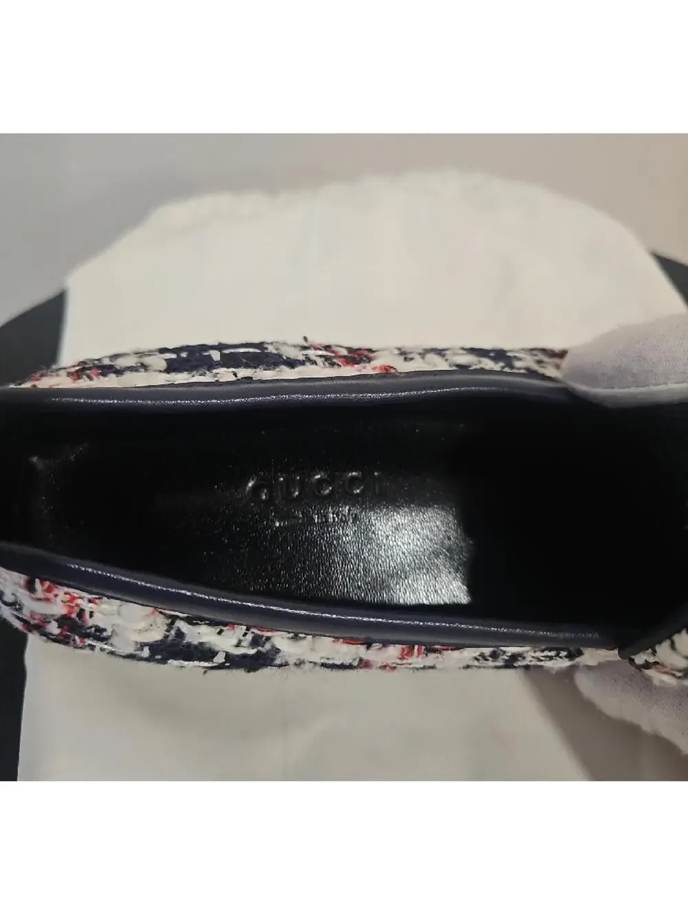 Gucci Tweed Horsebit Loafers in Navy, White & Red